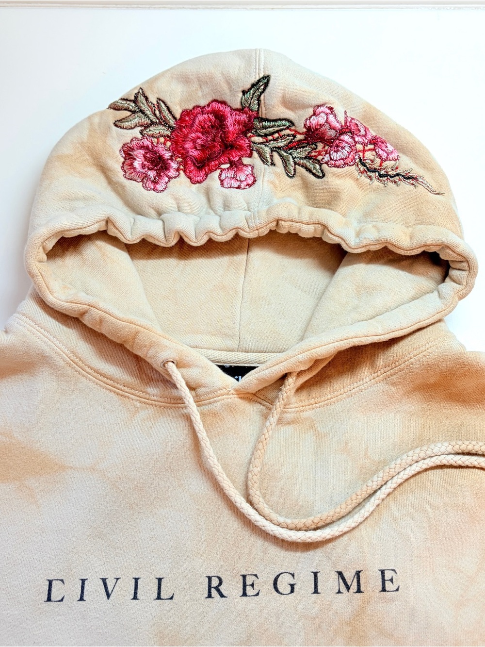 Civil Regime Mens Unisex Hoodie SZ M Beige Tie Dye Red Floral Embroidered